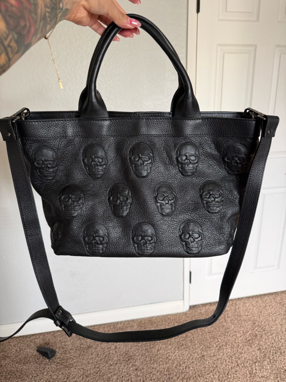 Black Skull-Embossed Leather Crossbody Tote - Women